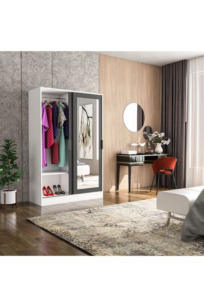 TUMBLERA Berceste Antrasit Beyaz 2 Sürgü Kapaklı Aynalı 8 Bölmeli Dolap Gardırop