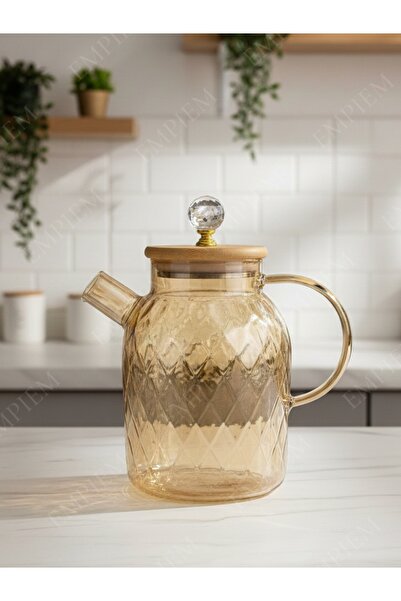 EMPIEM 1.6 Litre Bambu Kapaklı Cam Demlik-Kabartmalı Baklava Desenli Şık Tasa...