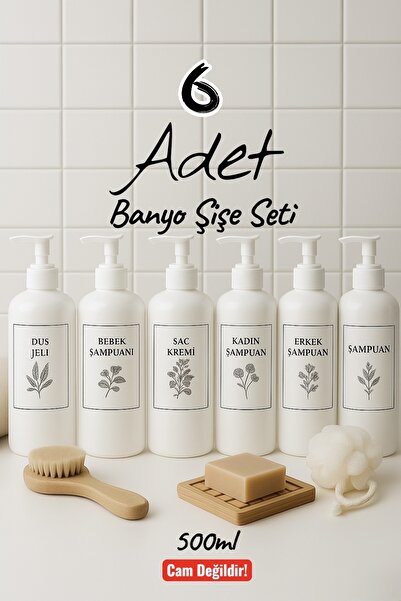 Dem Home 6 lı Beyaz Banyo Şişe Seti Oval Model Plastik Şampuan Şişesi