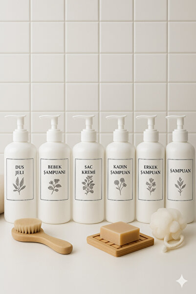 Dem Home 6 lı Beyaz Banyo Şişe Seti Oval Model Plastik Şampuan Şişesi