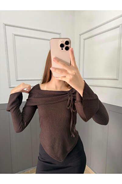 peri tower ΝΕΟ ΠΡΟΪΟΝ Bürümcük υφασμάτινη μπλούζα με μακρυμάνικο στρίφωμα με ασύμμετρη κοπή 0025