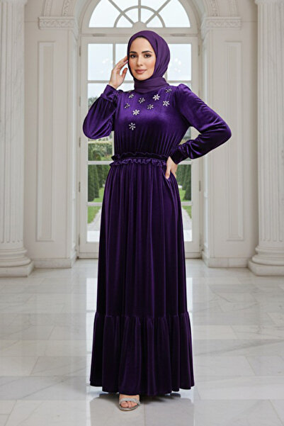 Neva Style Квітковий деталізований фіолетовий кашеміровий плаття 3713mor