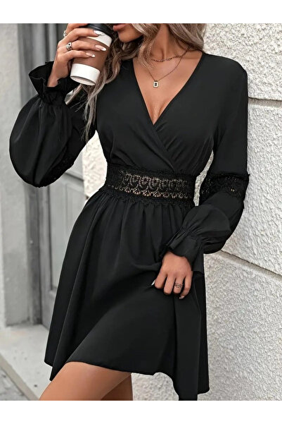 ARONA Women's Long Sleeve Double Breasted Collar Lace Zipper Detailed Short Imported Crepe Dress