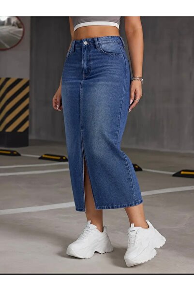 pass&pass 2100-etek Kadın Likralı Önden Yırtmaçlı Jeans Kot Denim Uzun Etek