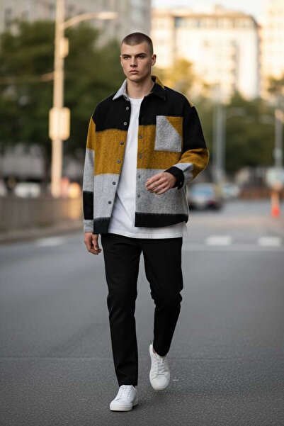 penyego Gri siyah ve sarı renk desenli tam kışlık oduncu gömlek