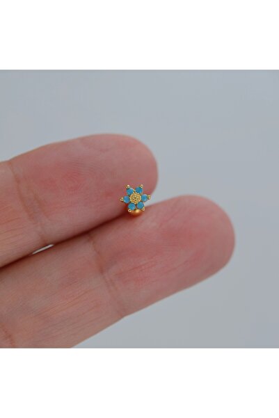 Heppii Mini Mavi Çiçekli Tragus Helix Piercing Kıkırdak Gold