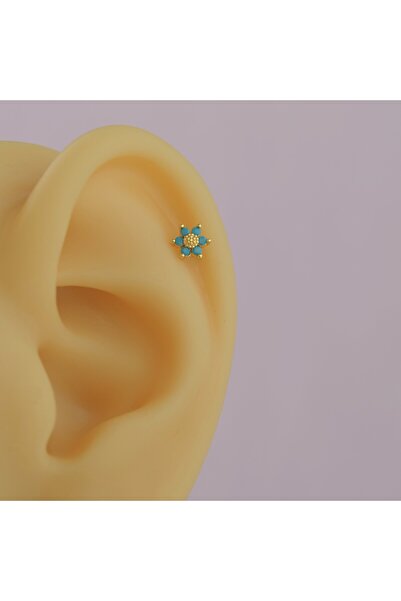 Heppii Mini Mavi Çiçekli Tragus Helix Piercing Kıkırdak Gold