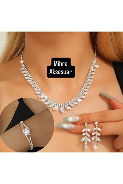 Mihra Aksesuar Crystal Stone Necklace Earrings Bracelet Triple Set Gift Jewelry Set Shuttle Stone