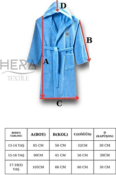 HERA Kapüşonlu Pamuklu Genç Çocuk Bornoz - 13-18 Yaş Unisex | Mavi - Dümen Nakışlı