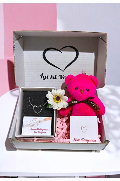 RAWEZON Kalpli Çelik Kolye Ve Peluş Ayıcık Anahtarlık Konsept Hediye Kutusu - Sevgiliye, Ve Sevdiklerinize