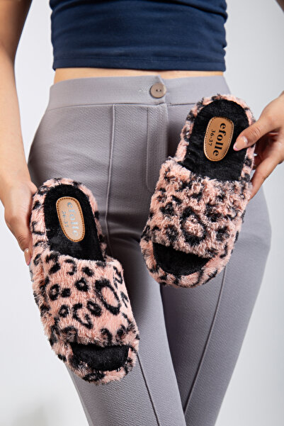 Jackers Kadın Önü Açık Leopar Peluş Yumuşak Sessiz Taban Çeyiz Bohça Kışlık Ev Terliği