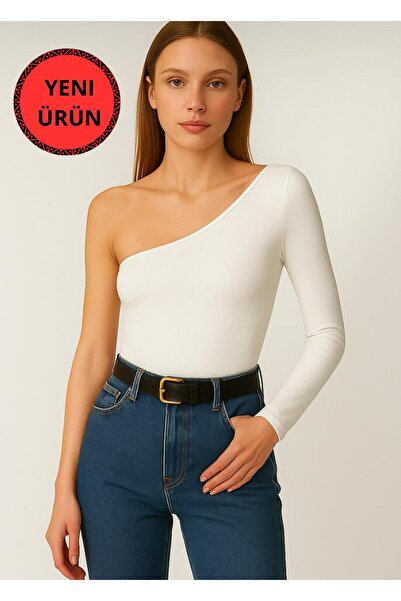 glanour Λευκή μπλούζα με έναν ώμο με μακρύ μανίκι από βαμβακερό κορδόνι