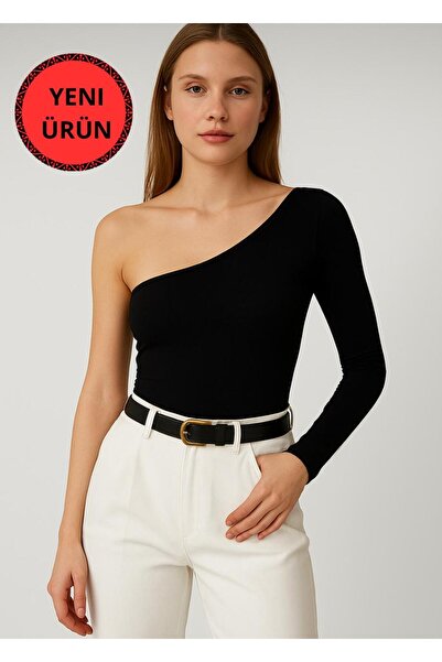 glanour Siyah Tek Omuz Açık Uzun Kol Fitilli Pamuklu Bluz