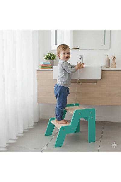 woodenzo Montessori Basamaklı Tabure (Turkuaz)