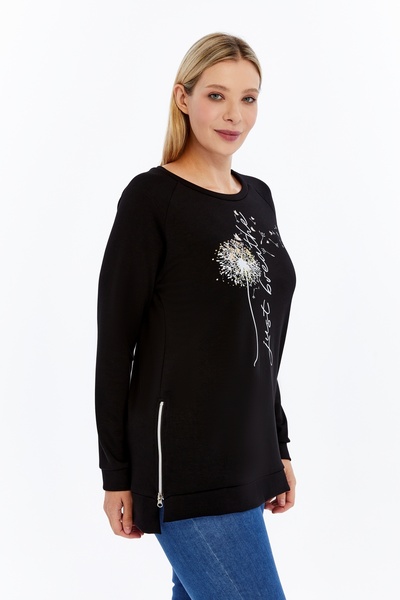 Curvy Trend Plus Size Breathe Printed Zipper Slit Detail Soft Flowy Fabric Raglan Sleeve Sweashirt