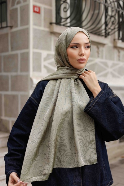 ipekistanbul شال جاكار حريري مزدوج الجوانب - نمط الورد - أخضر كاجلا