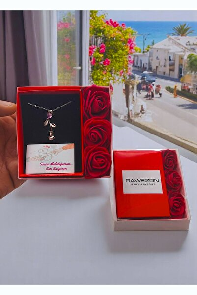 RAWEZON Gül Taşlı Detaylı Çelik Kolye Güllü Kutuda | Sevgiliye Sevdiklere Özel Konsept Hediye