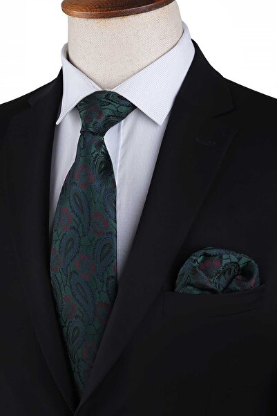 Kravatkolik Yeşil Şal Desen Mendilli Klasik Kravat KK13126