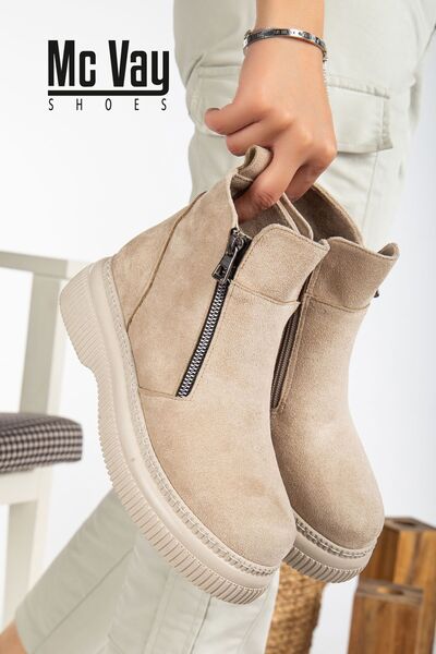 Mc vay Shoes Bézs velúr stílusos női csizma - Lisa díszes cipzárral