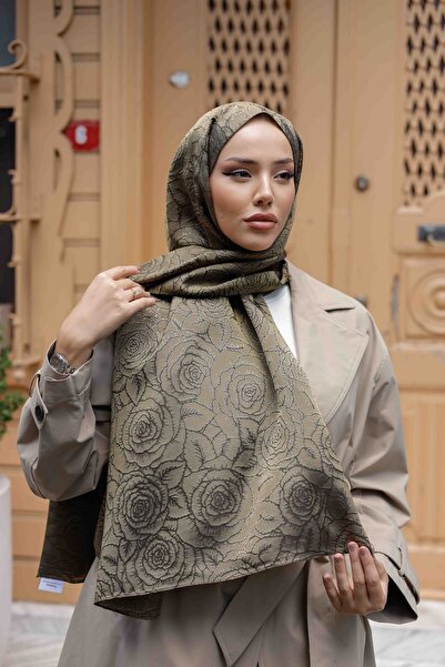 ipekistanbul Şal jacquard cu două feţe mătăsoase - model trandafir - verde ulei