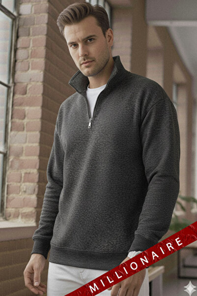 Millionaire Men's Anthracite Turtleneck 3 Thread Fleece Inside Ribbed Oversize Sweatshirt