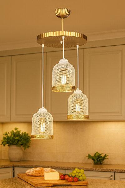 Venon Aydınlatma Venon Ayaz 3 Lü Sarkıt Kasa Beyaz Gold Avize Sarkıt Modern A...