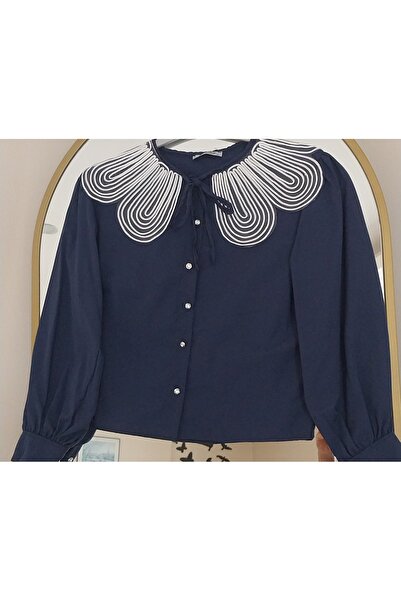 Dagü Design Kadın güpürlü bebe yaka lacivert poplin gömlek