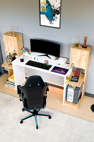 interGO Throne Dolaplı, Kitaplıklı, Raflı Çalışma Masası, Bilgisayar Masası, Çocuk Çalışma Masası