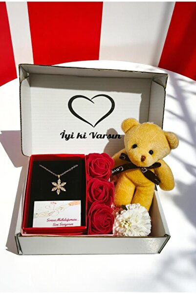 RAWEZON Güllü Kutuda Çelik Gold Lotus Kolye- Bej Ayıcık Anahtarlık - Sevdikle...