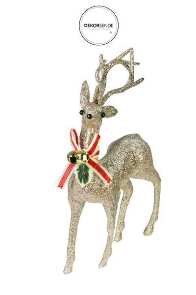 Dekorsende Χριστουγεννιάτικο Στολίδι Ασημένιο Ελάφι με Κουδούνια και Φιόγκο Σαμπάνια 35 εκ.