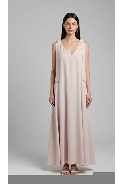 Dagü Design سترة نسائية طويلة من قماش الكريب البيج مع جيوب