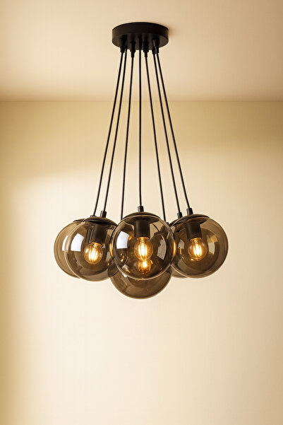 VENON 7 Lİ SİYAH KASA FÜME GLOP CAMLI SARKIT AVİZE SPOR AVİZE SALON AVİZE