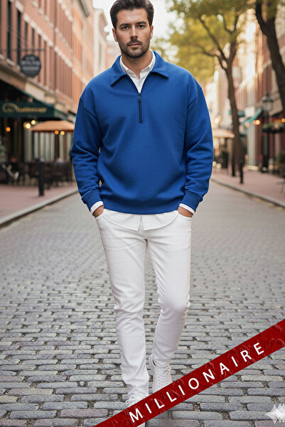 Millionaire Erkek Mavi Yarım Fermuar Polo Yaka 3 İplik İçi Polarlı Şardonlu Oversize Sweatshirt