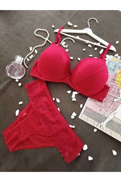 womensWorld1 DESENLİ DESTEKLİ DANTEL KÜLOT KIRMIZI SÜTYEN TAKIM