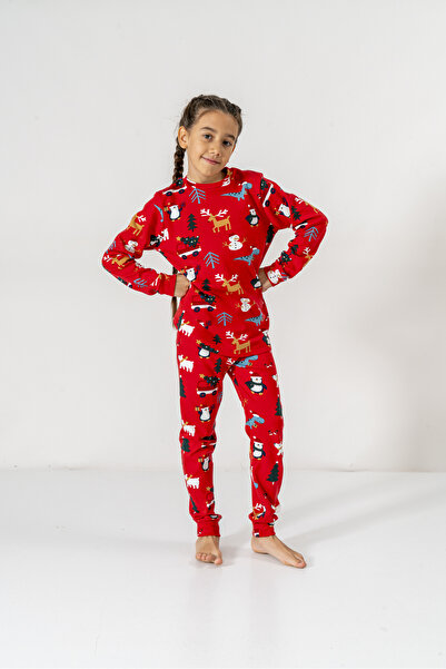 Irmak kids Yılbaşı Desenli 100% Pamuk Çocuk Pijama Takımı