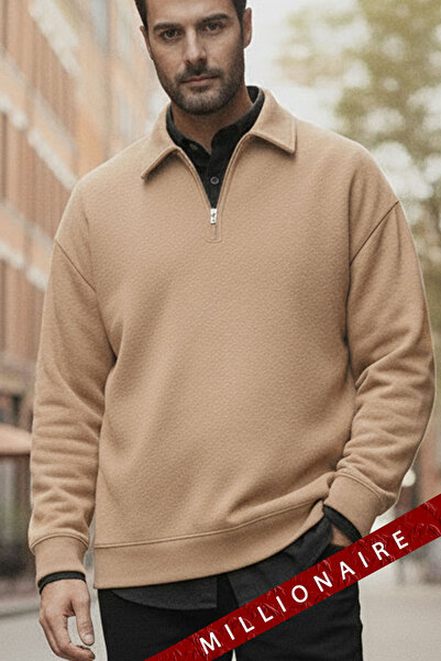 Millionaire Erkek Camel Yarım Fermuar Polo Yaka 3 İplik İçi Polarlı Şardonlu Oversize Sweatshirt