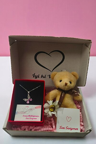 RAWEZON Taşlı Kelebek Çelik Kolye Ve Peluş Ayıcık Anahtarlık Konsept Hediye -...