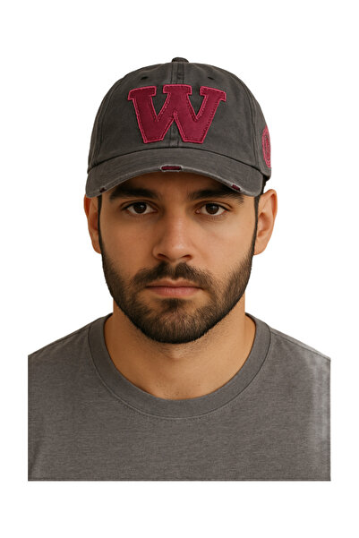 CosmoOutlet Ανδρικό καπέλο μαύρο-μπορντό W με κεντημένο πλυμένο αντίκα μοντέλο