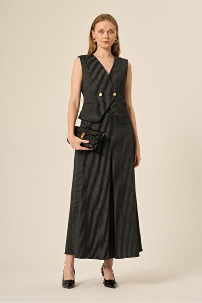 FTZ WOMEN Kadın Yelek Etek Çizgili Takım Siyah 31147