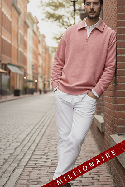 Millionaire Erkek Pembe Yarım Fermuar Polo Yaka 3 İplik İçi Polarlı Şardonlu Oversize Sweatshirt