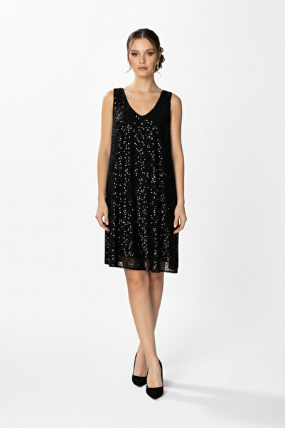 HOX'S Jasmin | Payetli Kalın Askılı Dizüstü Hamile Abiye Elbise Sırt Dekolteli - Siyah