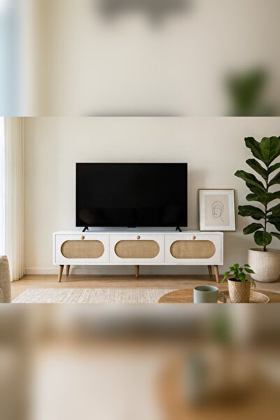 Onouqo Aura Beyaz 180cm İskandinav Jüt Kumaşlı %100 Mdf Tv Ünitesi, Tv Sehpası, Konsol, G180xY52xD37