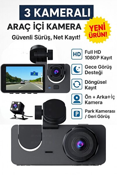 Zineets Siyah 1080p Araç içi 3 Kameralı Lcd Ekranlı Gece Görüşlü G-sensör Ger...