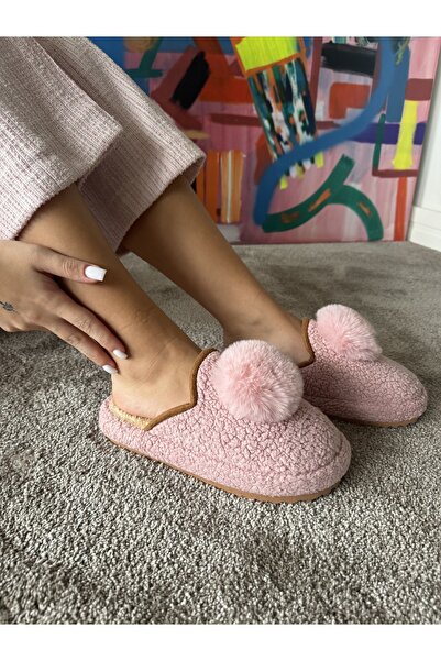 POWER Kadın Sessiz Taban Yumuşak ve Hafif Ponpon Figürlü Peluş Ev Terliği