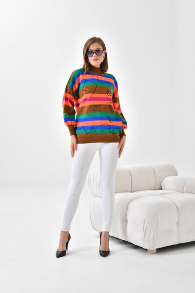 FTZ WOMEN Kadın Geometrik Desenli Kazak Taba 20109