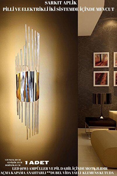 nazarium Sarkıt Aplik Gümüş, Duvar Aplik, Pilli Aplik Led Ampüllü Tekli Duvar Lambası, Ev Otel Aplik