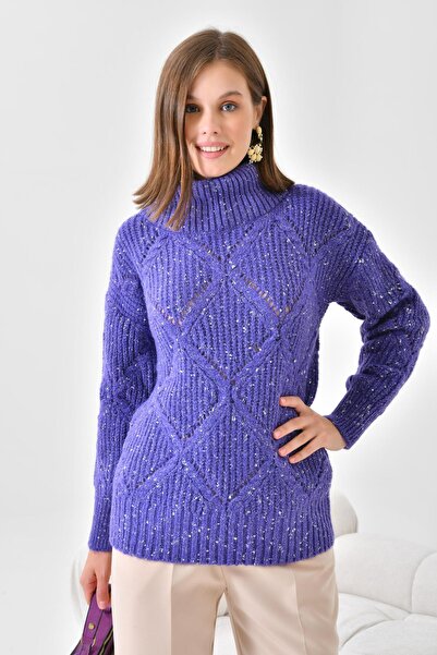 FTZ WOMEN Kadın Degaje Yaka Detaylı Simli Kazak Mor 20565