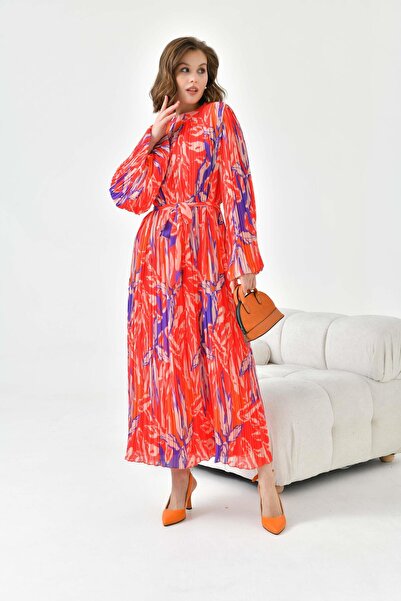 FTZ WOMEN Kadın Desenli Pliseli Elbise Kırmızı 30746