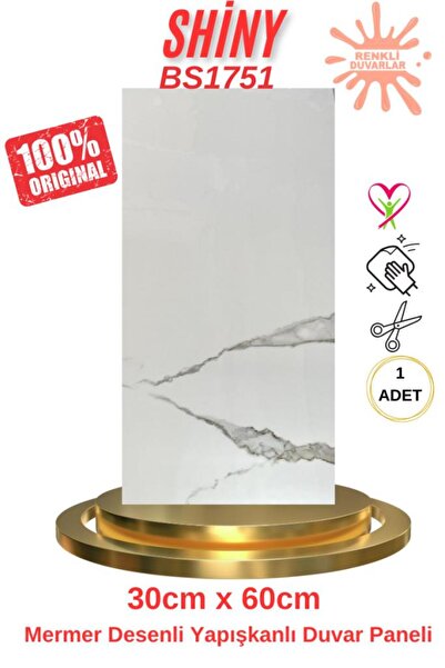 Renkli Duvarlar 60x30cm BS1751 Shiny Mermer Desen Yapışkanlı Karavan Prefabri...