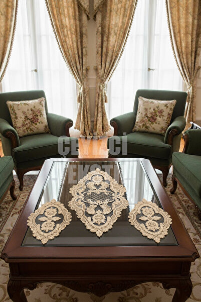 Çt Çeyizci Tekstil 3 Piece Cappuccino French Lace Bedroom Set